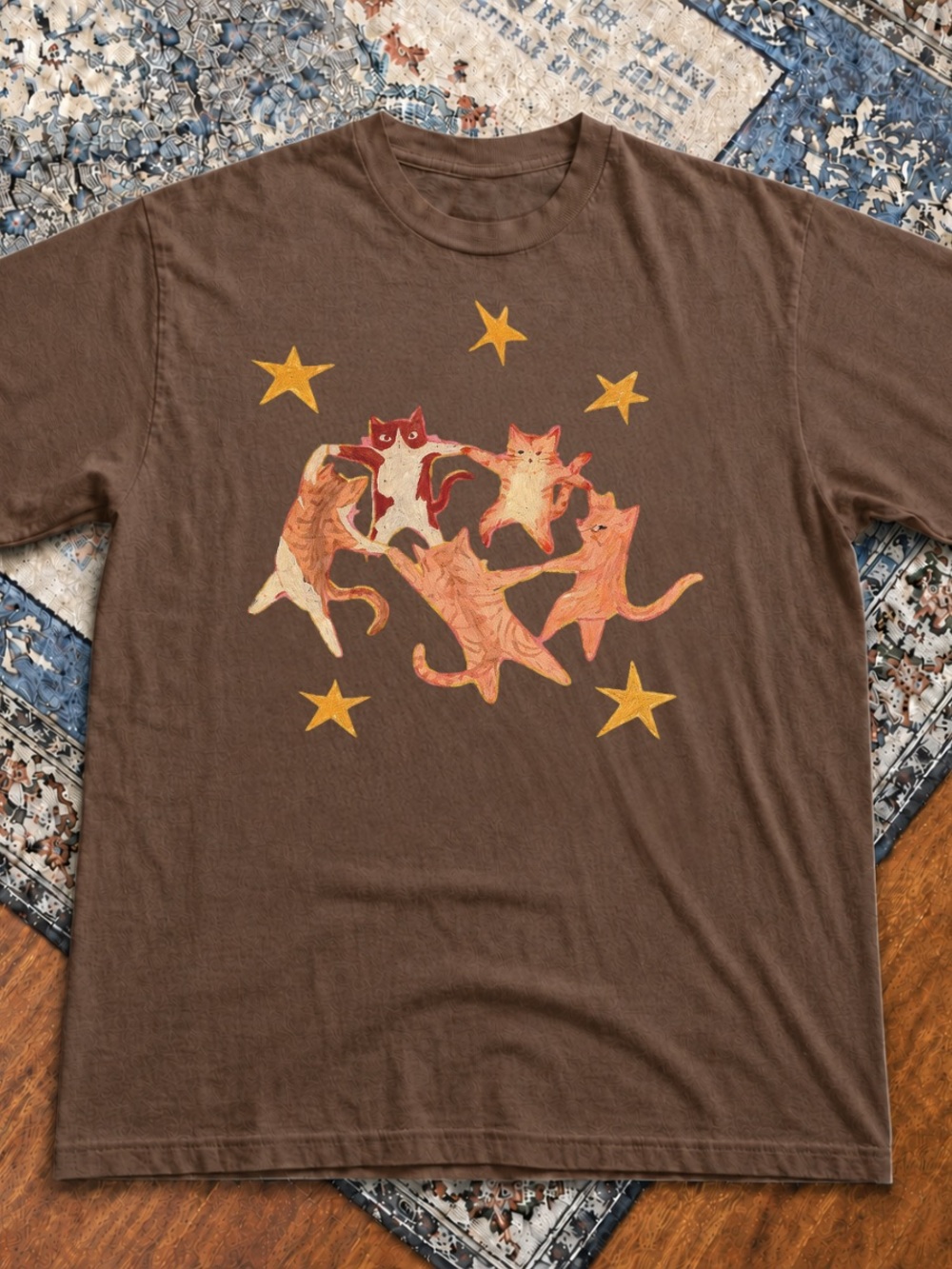 Gildan Brown Savana Short-Sleeve Tee with Dancing Cat Graphic and Yellow Stars